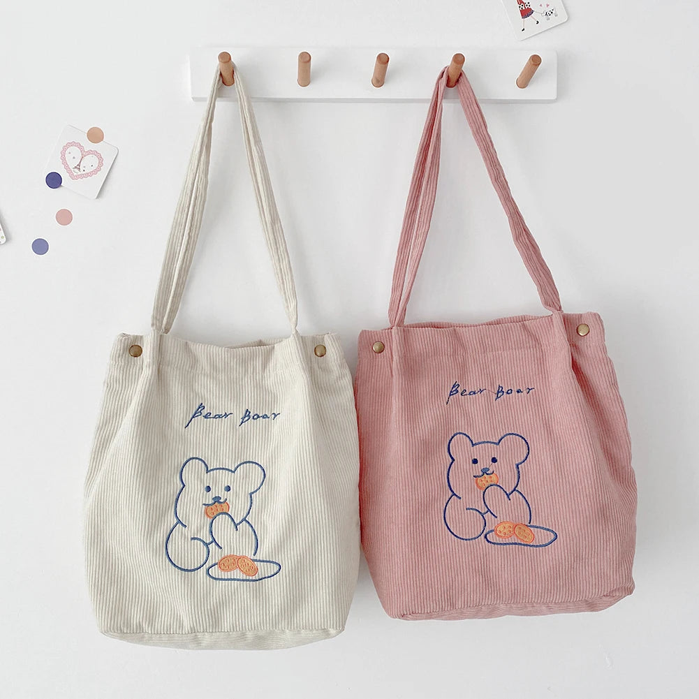 Women Casual Corduroy Shoulder Bag Cartoon Bear Print Bucket Bags