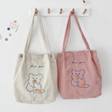 Women Casual Corduroy Shoulder Bag Cartoon Bear Print Bucket Bags