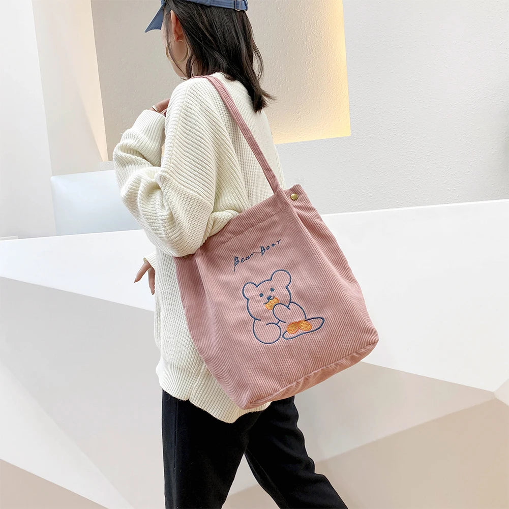 Women Casual Corduroy Shoulder Bag Cartoon Bear Print Bucket Bags