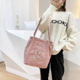 Women Casual Corduroy Shoulder Bag Cartoon Bear Print Bucket Bags