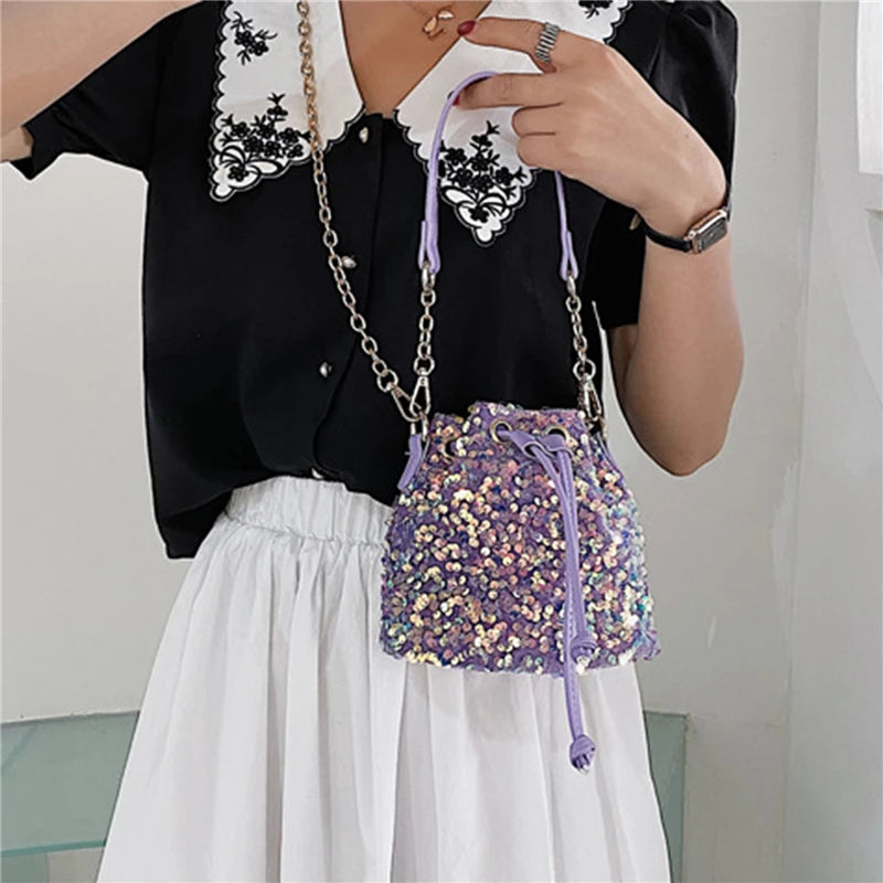 Sequin Bucket Shoulder Bag Chain Evening Party Crossbody Bag for Women