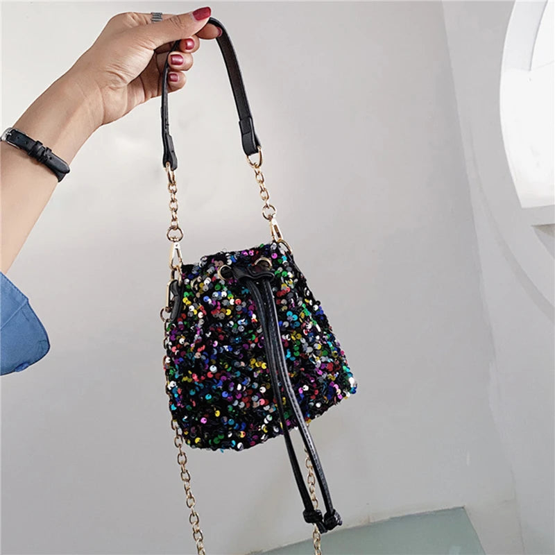 Sequin Bucket Shoulder Bag Chain Evening Party Crossbody Bag for Women