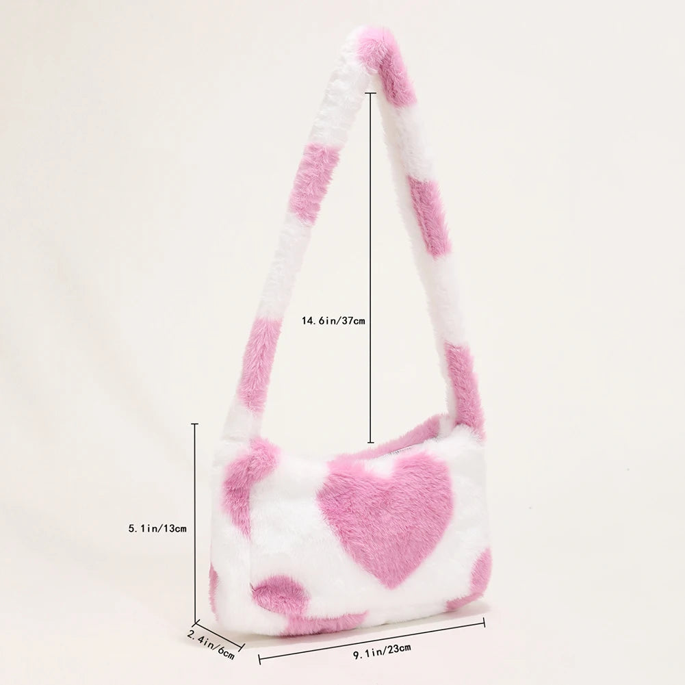 Heart Print Plush Shoulder Bag Small Handbags