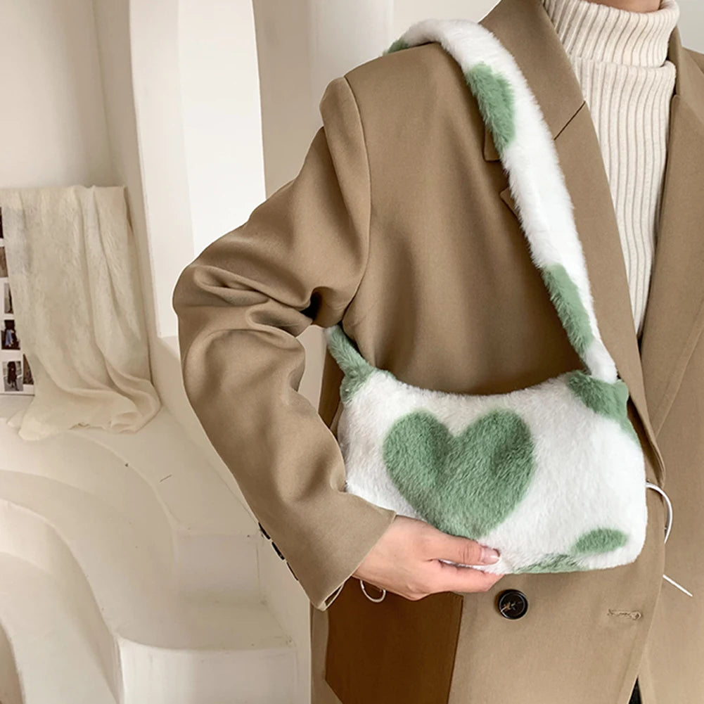 Heart Print Plush Shoulder Bag Small Handbags