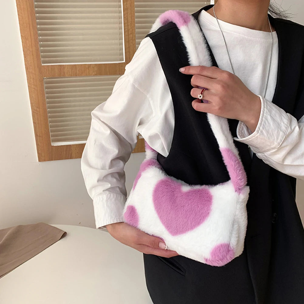 Heart Print Plush Shoulder Bag Small Handbags