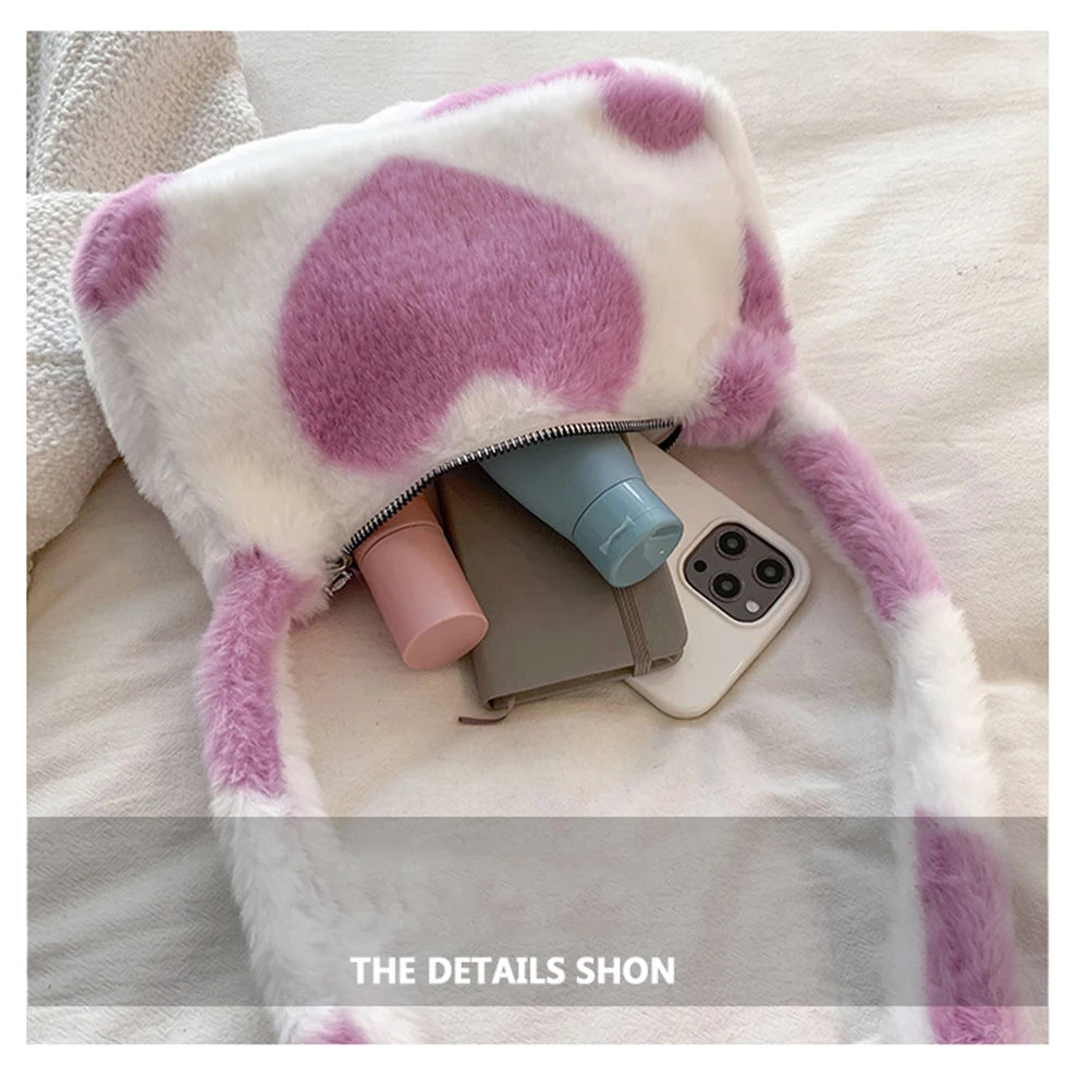 Heart Print Plush Shoulder Bag Small Handbags