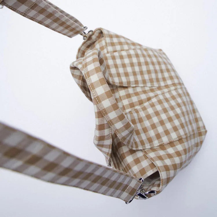 Beige Grid Lattice Shoulder Bag Yellow Print Portable Handbag