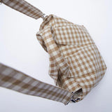 Beige Grid Lattice Shoulder Bag Yellow Print Portable Handbag