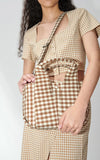 Beige Grid Lattice Shoulder Bag Yellow Print Portable Handbag