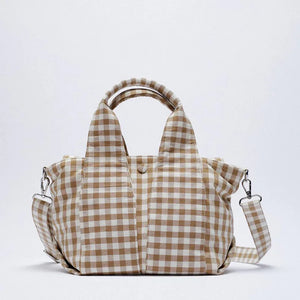 Beige Grid Lattice Shoulder Bag Yellow Print Portable Handbag