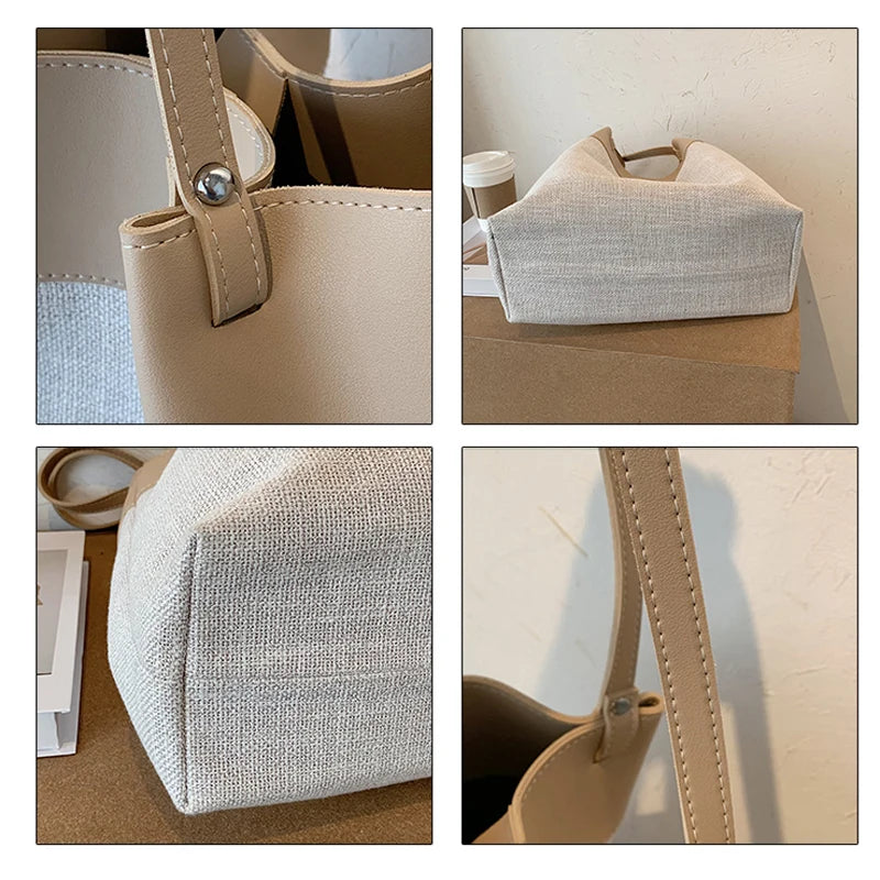 Linen Bucket Bag Shoulder Handbag Large Capacity Wallet
