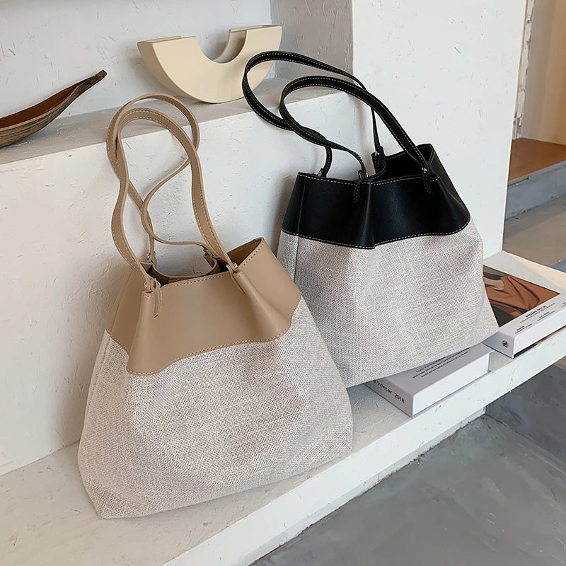 Linen Bucket Bag Shoulder Handbag Large Capacity Wallet