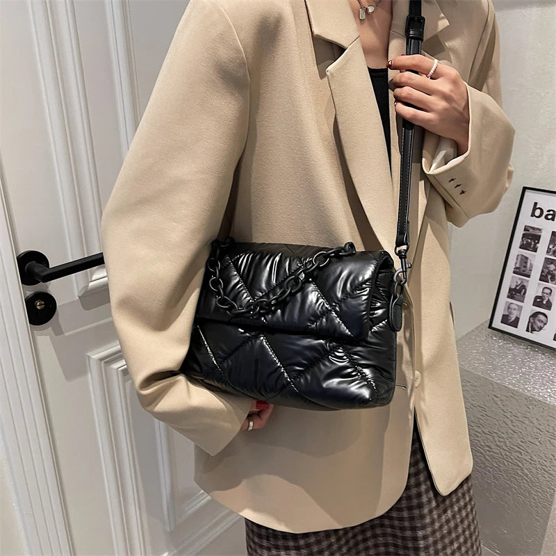 Quilted Nylon Messenger Bag Winter Shoulder Handbag