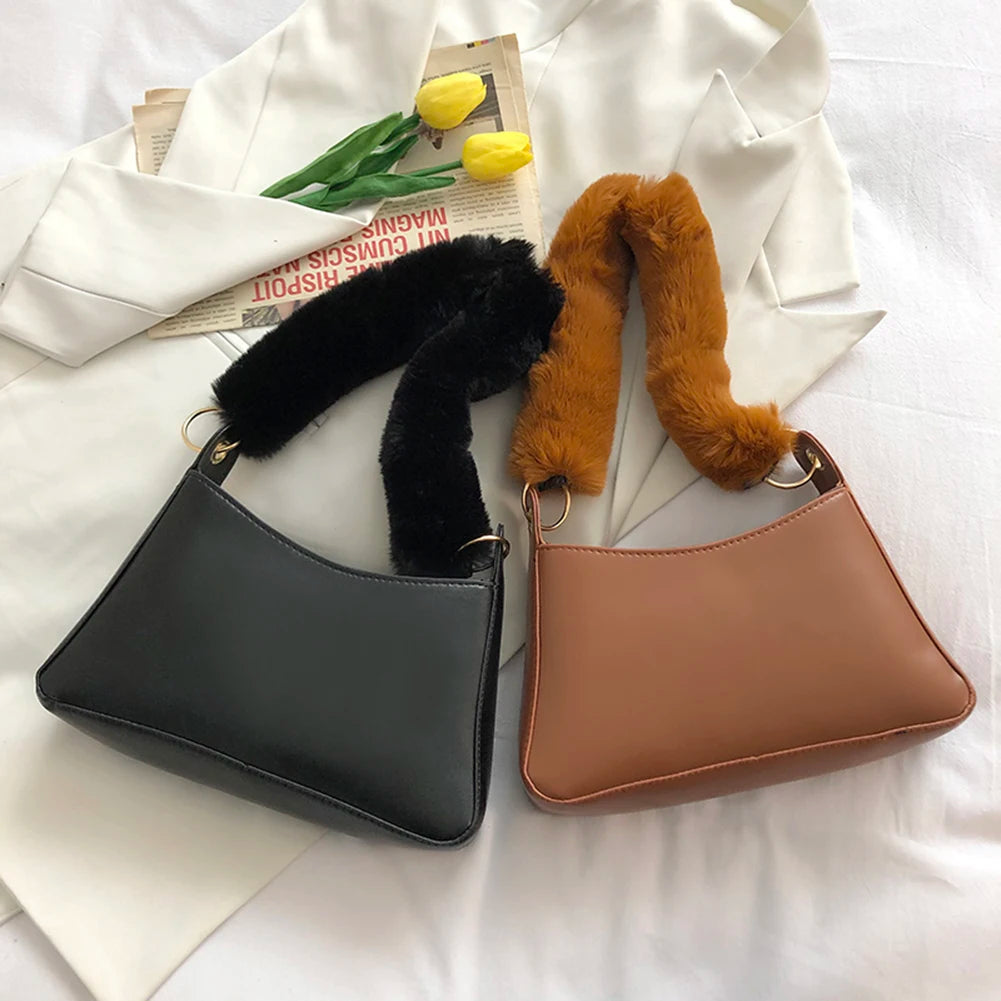 Women's Winter Leather Shoulder Bag Soft Plush Handle Handbag