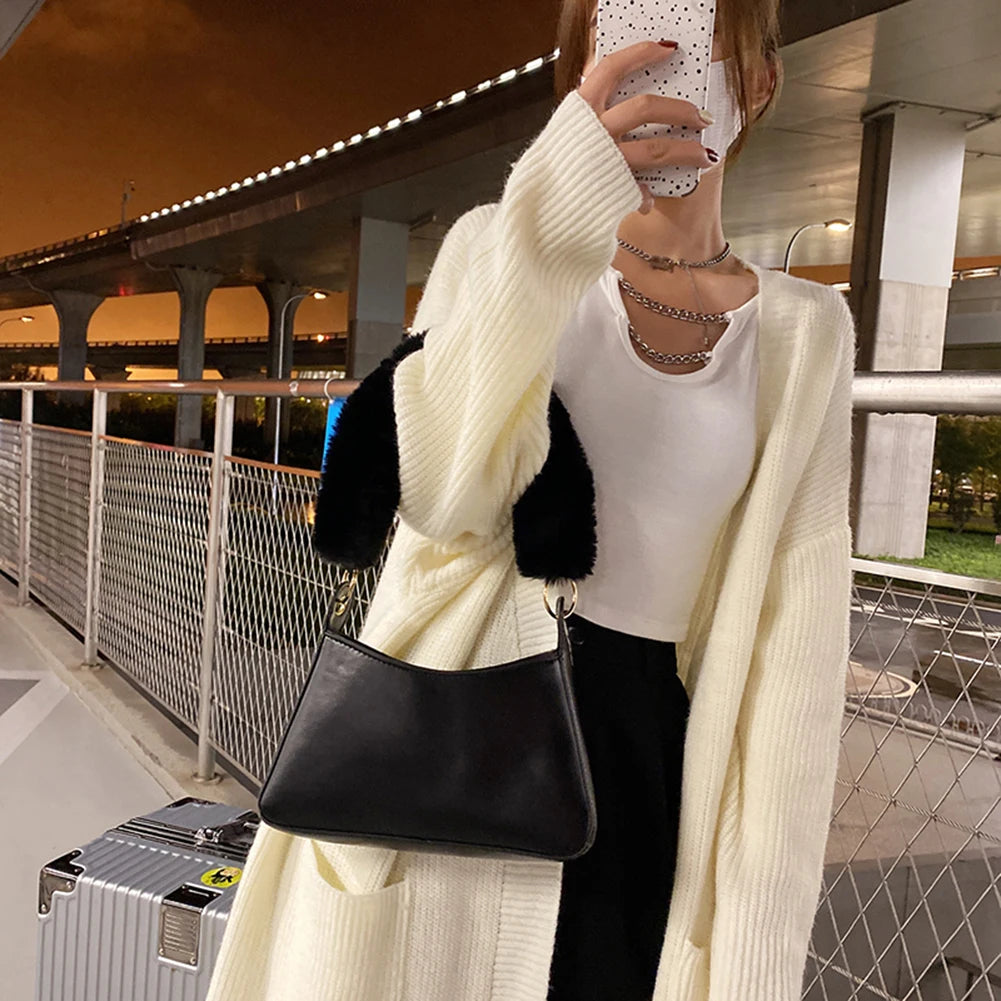 Women's Winter Leather Shoulder Bag Soft Plush Handle Handbag
