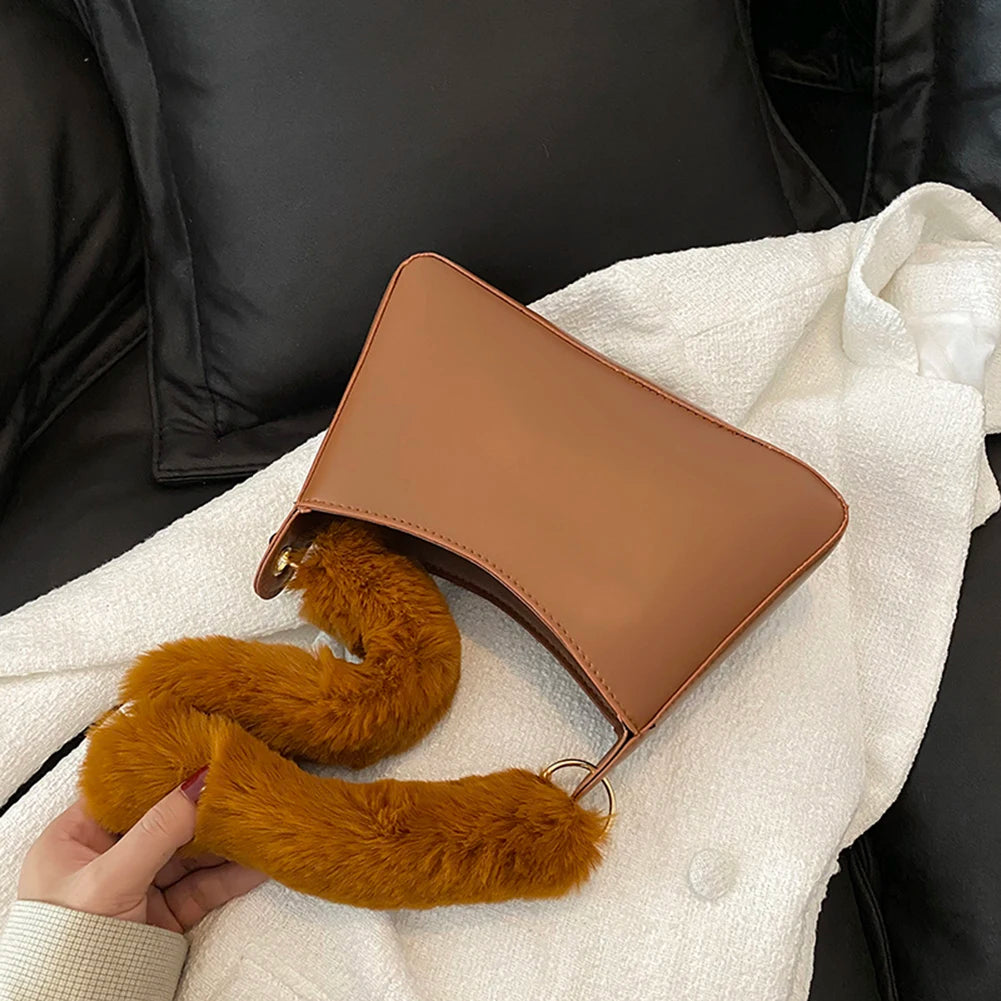 Women's Winter Leather Shoulder Bag Soft Plush Handle Handbag
