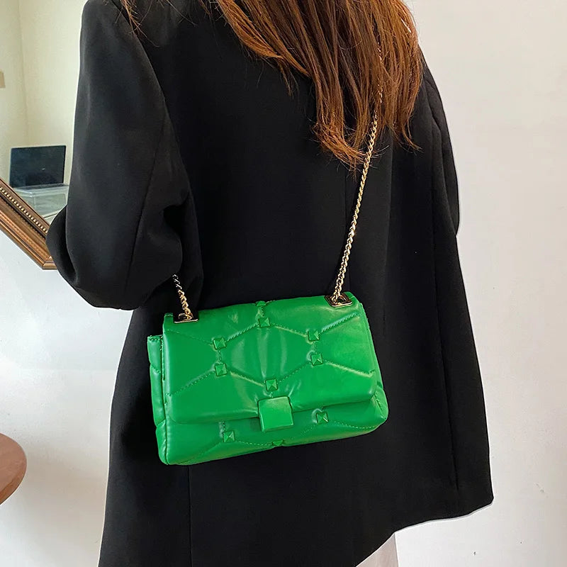 Orange Chain Messenger Bag Clutch Rivet Shoulder Soft Leather Bag