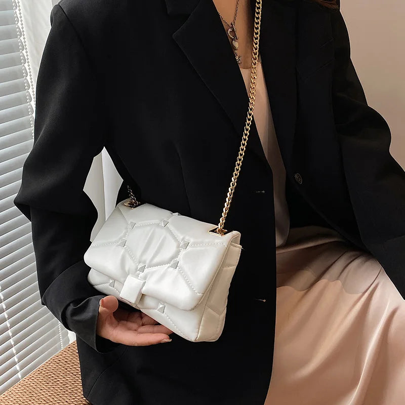 Orange Chain Messenger Bag Clutch Rivet Shoulder Soft Leather Bag