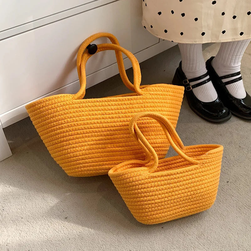 Casual Solid Woven Bag Small Tote Straw Bag Beach Vacation Travel