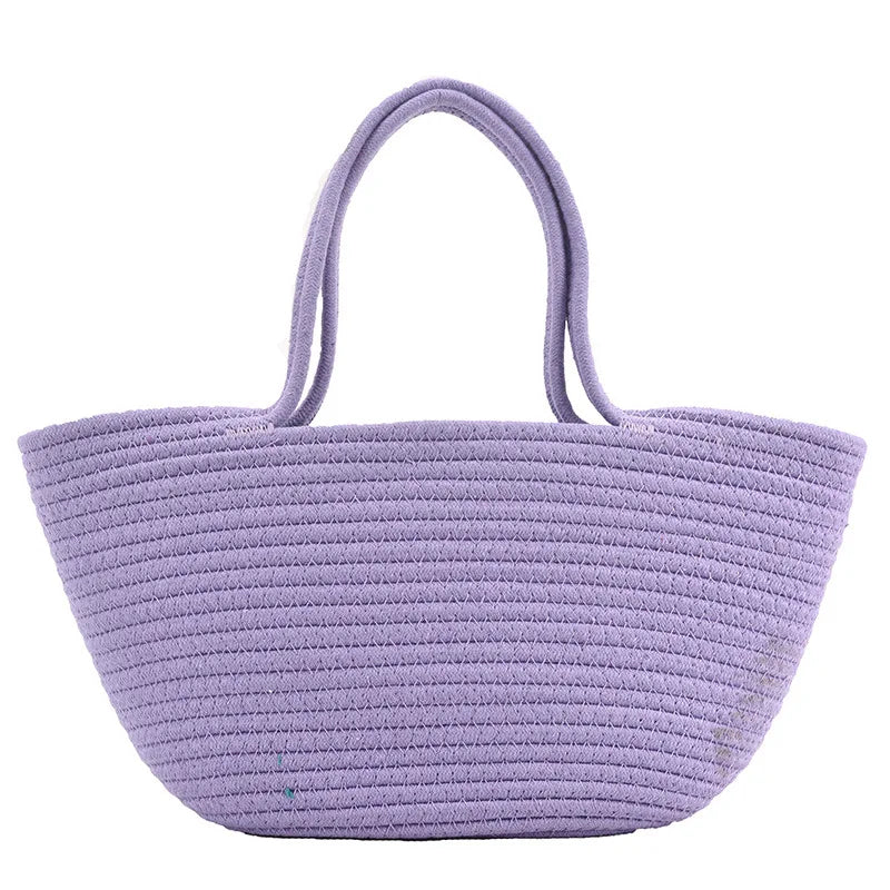 Casual Solid Woven Bag Small Tote Straw Bag Beach Vacation Travel