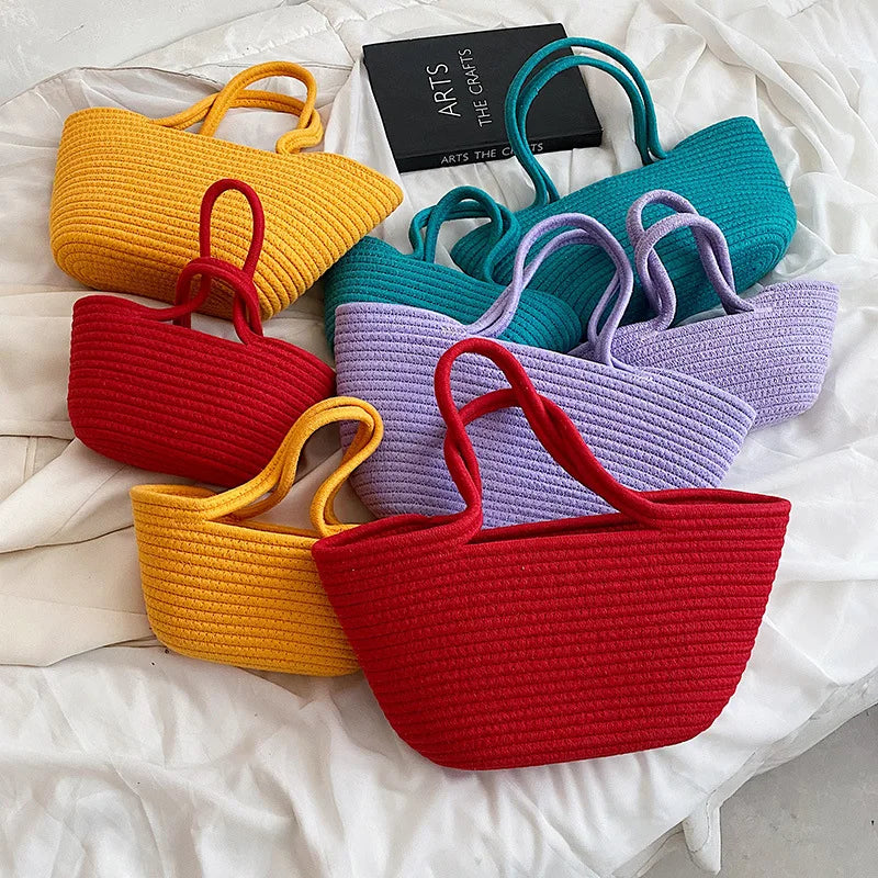 Casual Solid Woven Bag Small Tote Straw Bag Beach Vacation Travel