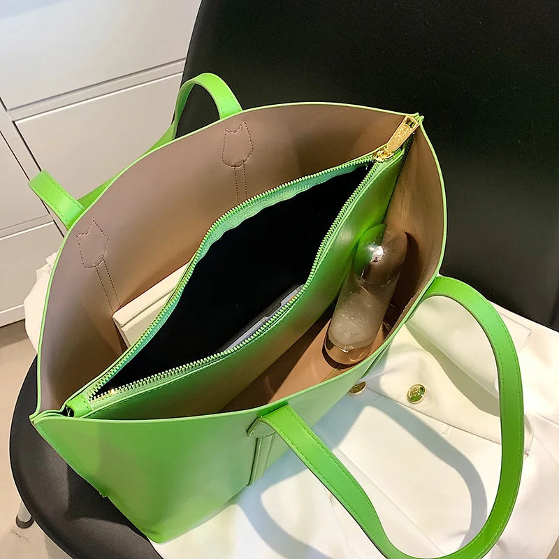 Casual Women Big Totes Female Large Capacity Handbags Green PU Leather Composite