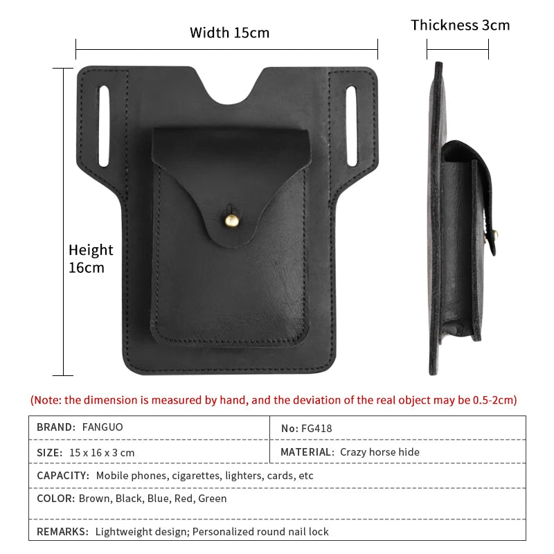 Crazy Horse Leather Waist Pack Phone Bag Belt Loop Hook Waist Pouch Brown