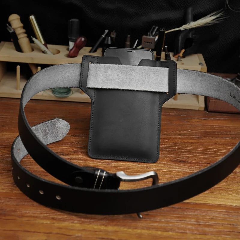 Crazy Horse Leather Waist Pack Phone Bag Belt Loop Hook Waist Pouch Brown