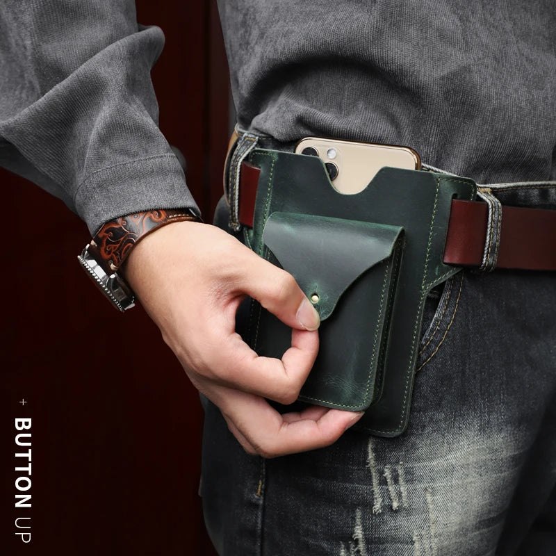 Crazy Horse Leather Waist Pack Phone Bag Belt Loop Hook Waist Pouch Brown