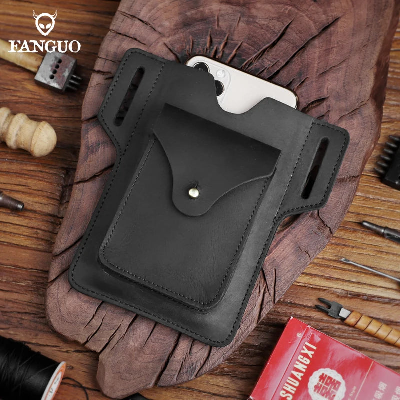 Crazy Horse Leather Waist Pack Phone Bag Belt Loop Hook Waist Pouch Brown