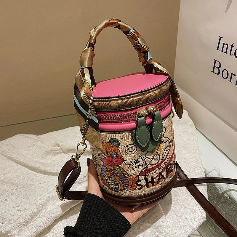 Cartoon Tote Bag Bear Graffiti Bucket Bags for Women