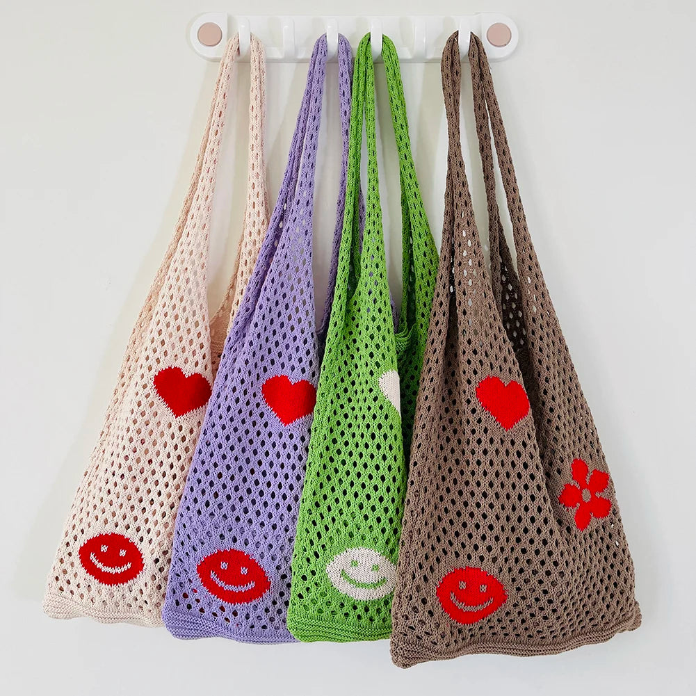 Knitted Large Capacity Shoulder Bag Ladies Casual Beach Mesh Hollow Flower Woven