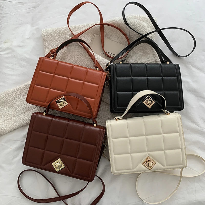 Plaid Women Shoulder Bag Small Square Top Handle Bags Metal Lock Ladies Handbags