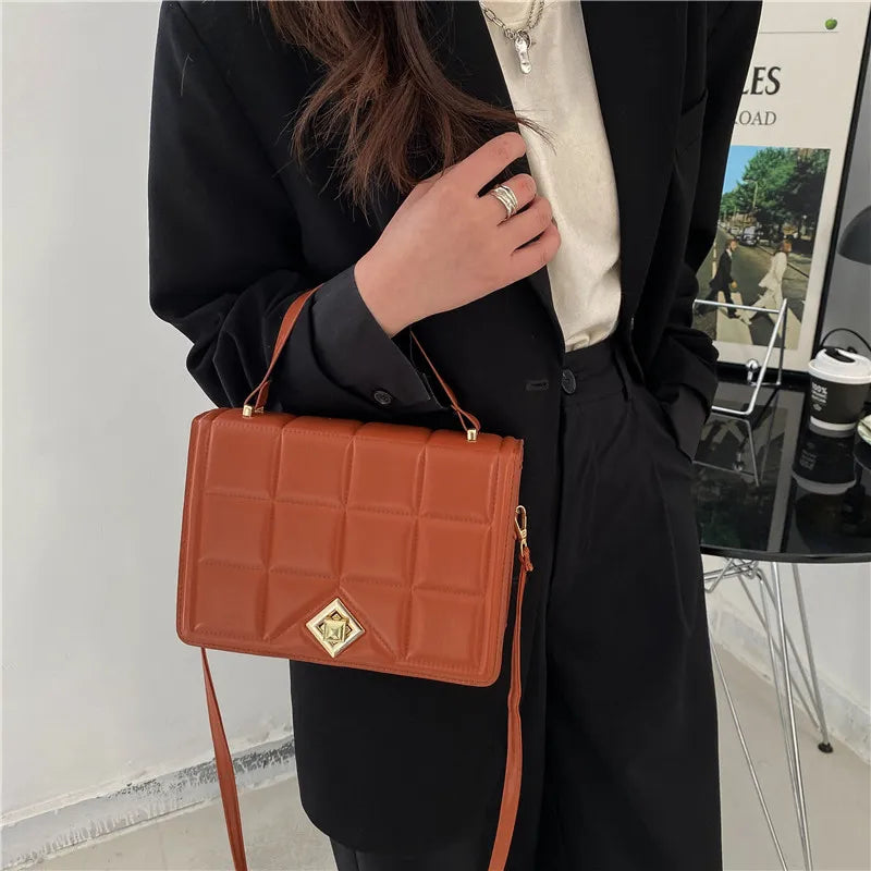 Plaid Women Shoulder Bag Small Square Top Handle Bags Metal Lock Ladies Handbags