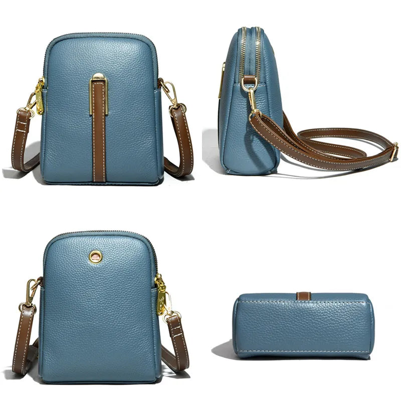 Real Cowhide Girls Purse Phone Pouch Leather Shoulder Bags Woman Minimalist