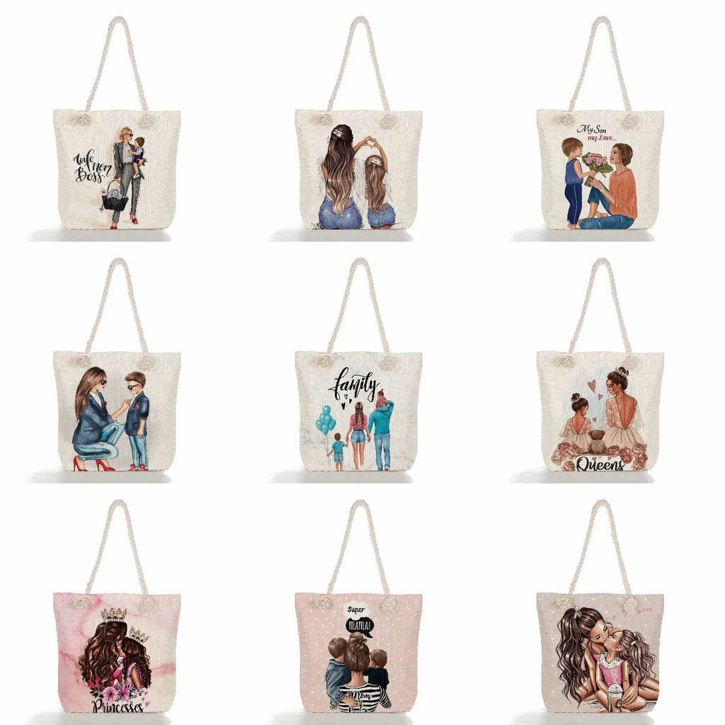 Cartoon Mom And Baby Print Shoulder Bag, Large Capacity Tote for Women