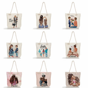 Cartoon Mom And Baby Print Shoulder Bag, Large Capacity Tote for Women