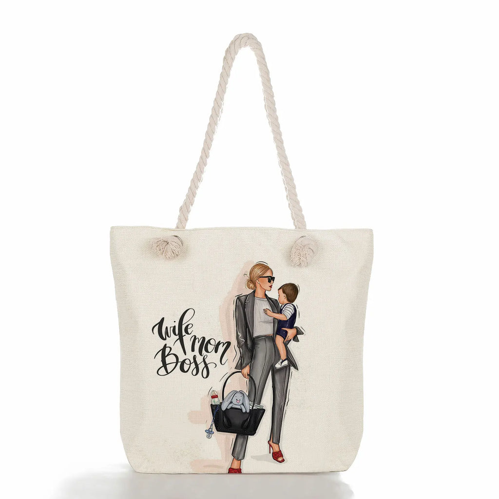 Cartoon Mom And Baby Print Shoulder Bag, Large Capacity Tote for Women