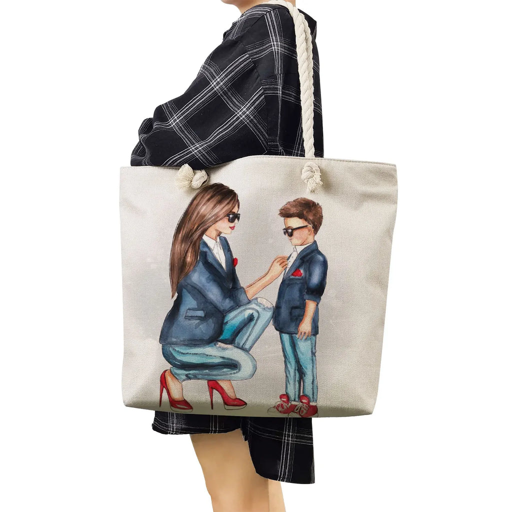 Cartoon Mom And Baby Print Shoulder Bag, Large Capacity Tote for Women