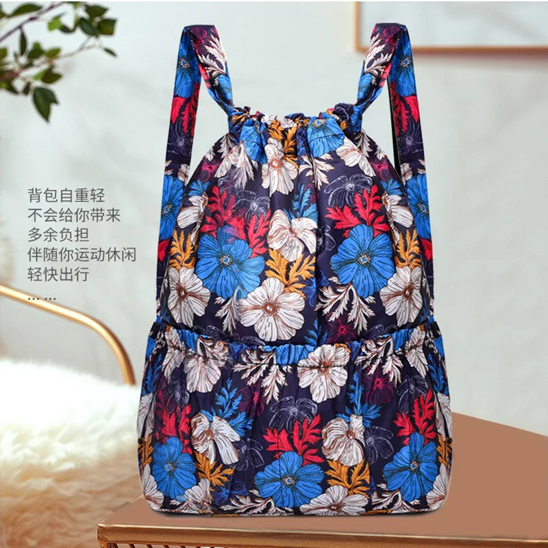 Vintage Drawstring Backpacks Women Large Flower Ethnic Style Waterproof Rucksack