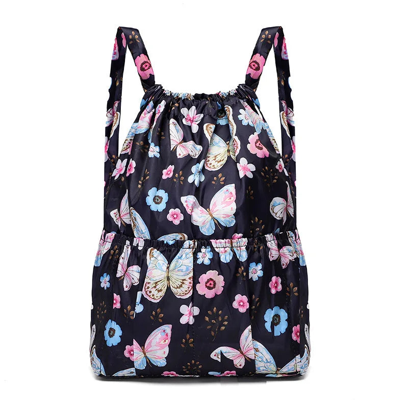 Vintage Drawstring Backpacks Women Large Flower Ethnic Style Waterproof Rucksack