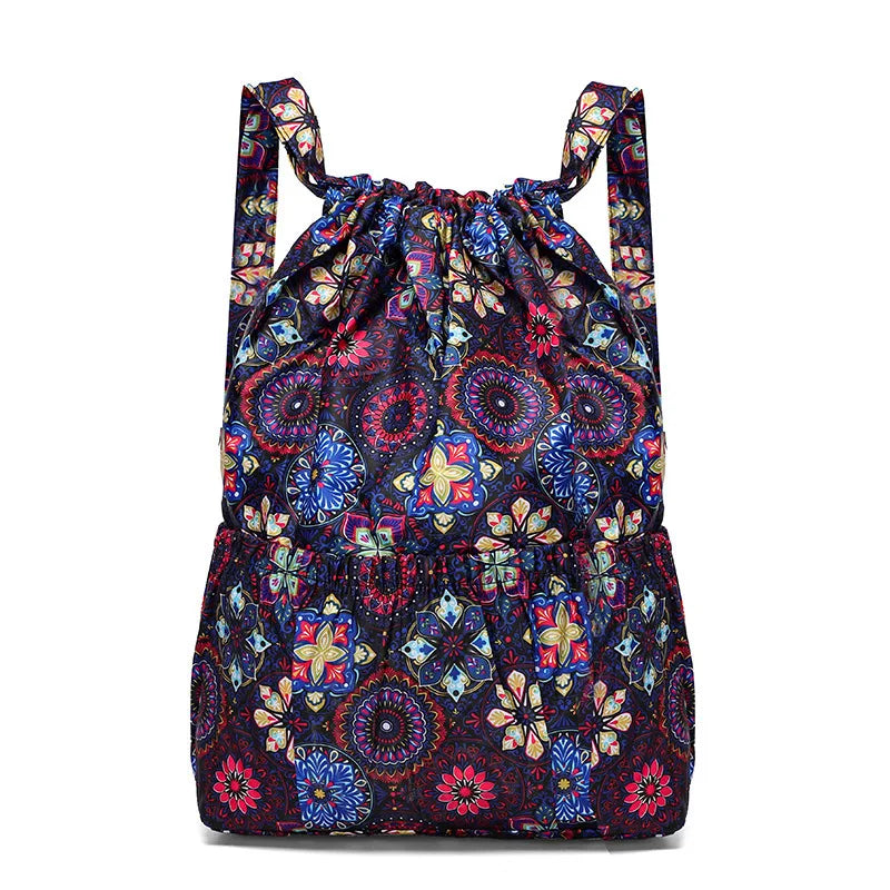 Vintage Drawstring Backpacks Women Large Flower Ethnic Style Waterproof Rucksack