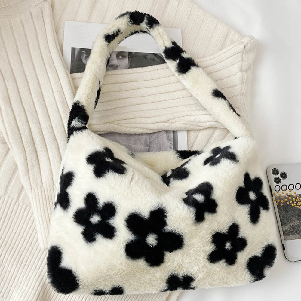 Women Plush Flower Pattern Shoulder Bags Faux Fur Handbag
