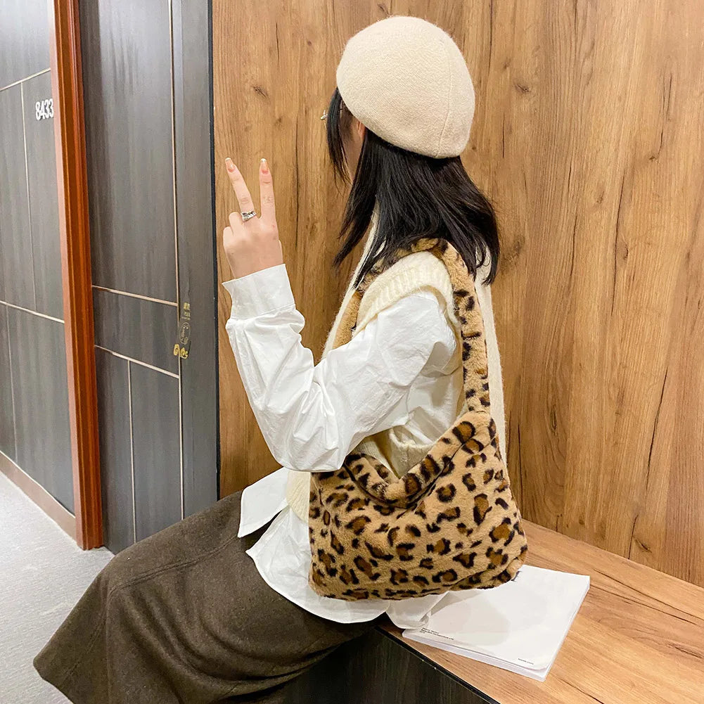 Women Plush Flower Pattern Shoulder Bags Faux Fur Handbag