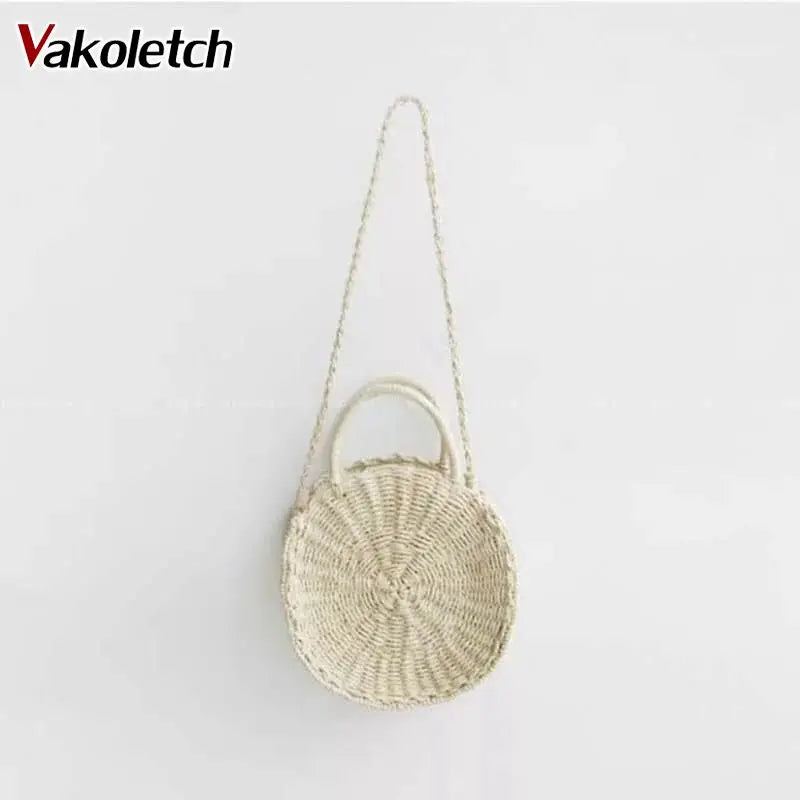 Vintage Straw Knitted Round Handbag Beach Tote