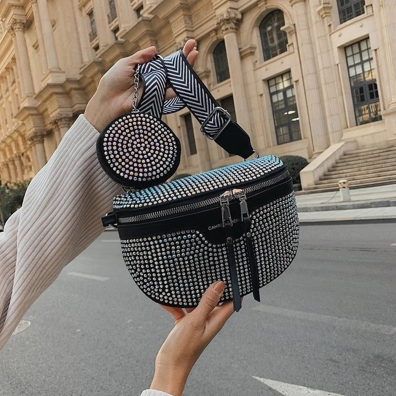 Women's Rhinestone Shoulder Messenger Bag All-match Saddle Tide