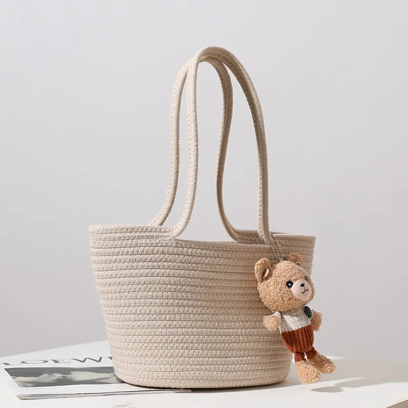 Casual One-Shoulder Straw Woven Bag Bear Messenger Handbag