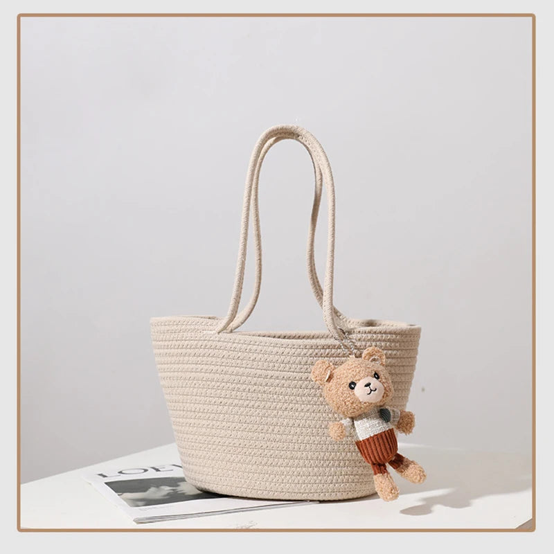 Casual One-Shoulder Straw Woven Bag Bear Messenger Handbag