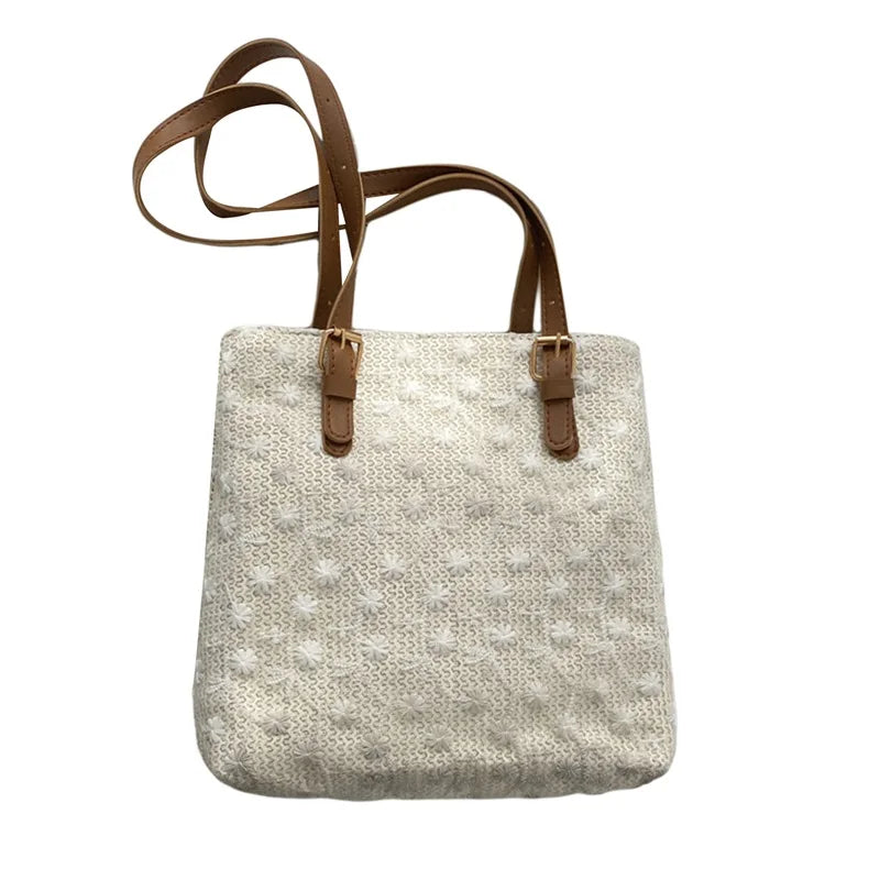 Casual Straw Shoulder Bag Embroidery Flower Pattern Style Braided