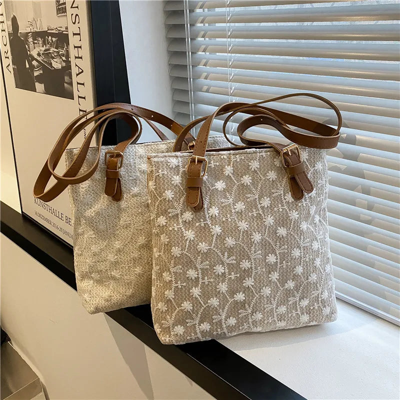 Casual Straw Shoulder Bag Embroidery Flower Pattern Style Braided